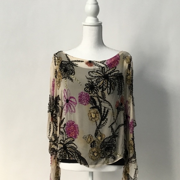 ST. JOHN Beaded Silk Sheer Cape Poncho Top–OneSize - Picture 2 of 10